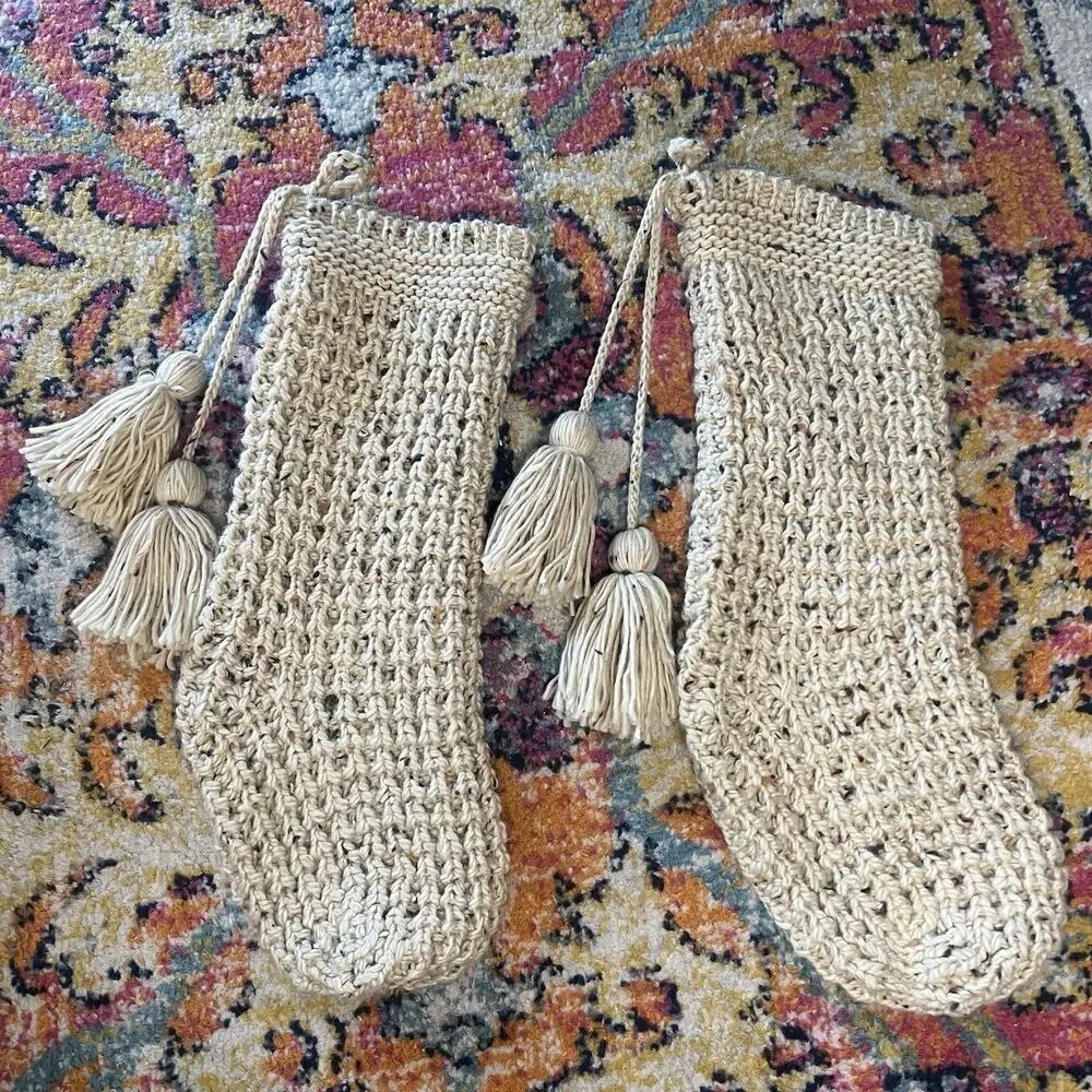 Hearth & Hand Magnolia Beige Colorful Specks Knitted Stocking Tassels Christmas